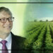 Bill Gates sonríe, viste de traje elegante; collage de tierras de cultivo.