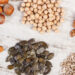Ingredients or products containing zinc and dietary fiber on old rustic board, natural sources of minerals, healthy lifestyle and nutrition