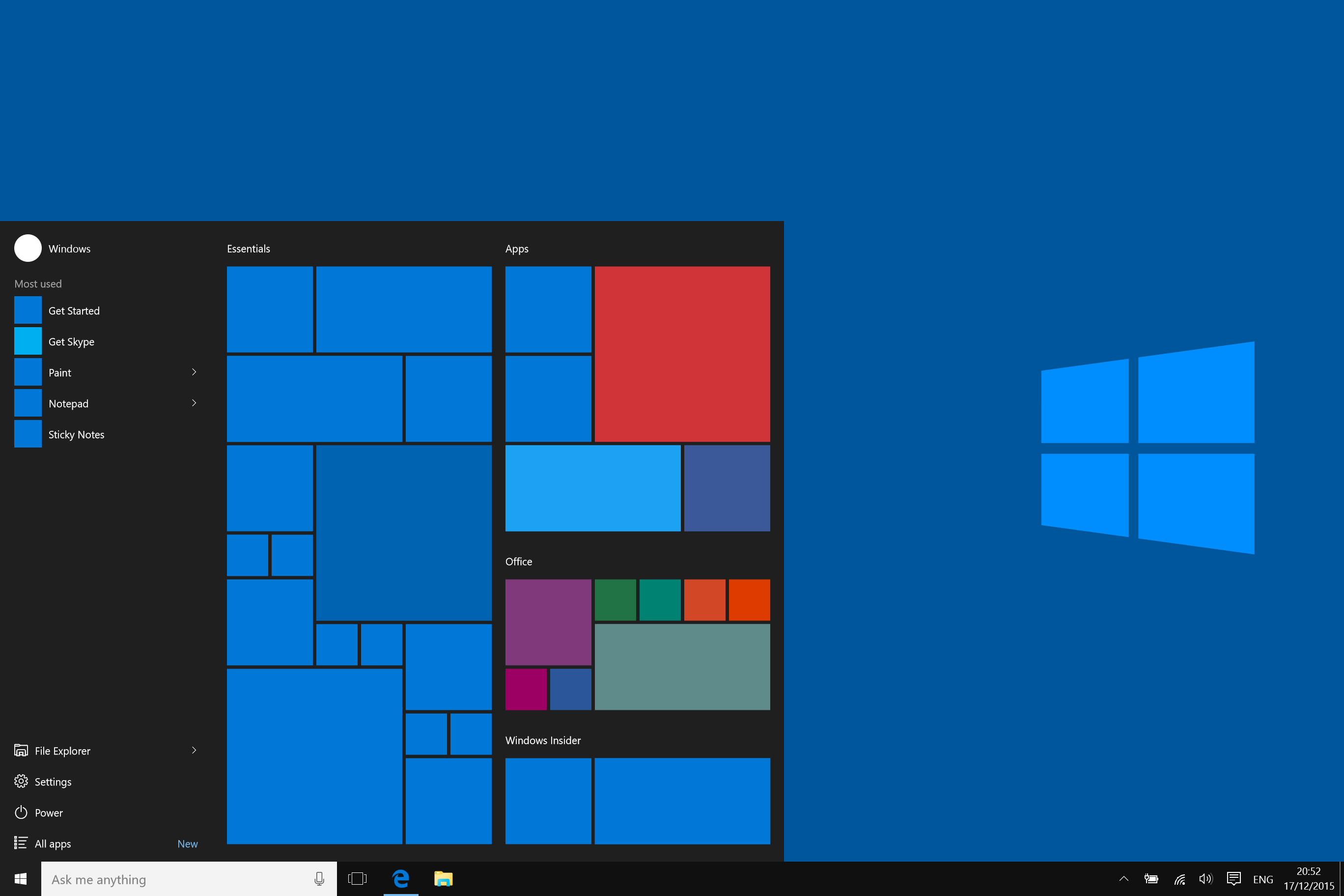 Pantalla de inicio, Windows 10.