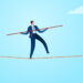 Walking in a rope with a balancing pole to gain business stability. Business concept illustration.