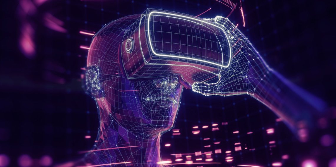 Holograma de tecnología de realidad virtual; jugador con gafas de RV rodeadas de líneas fluorecentes