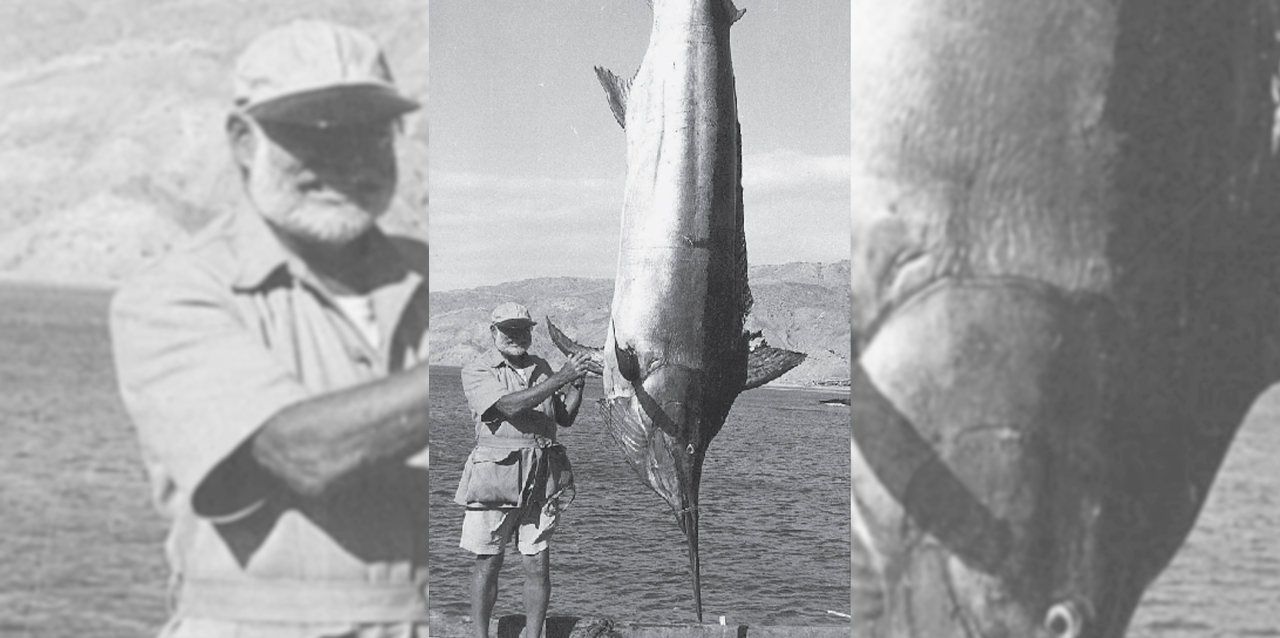 Ernest Hemingway posa junto a un gigante pez, pescado por él