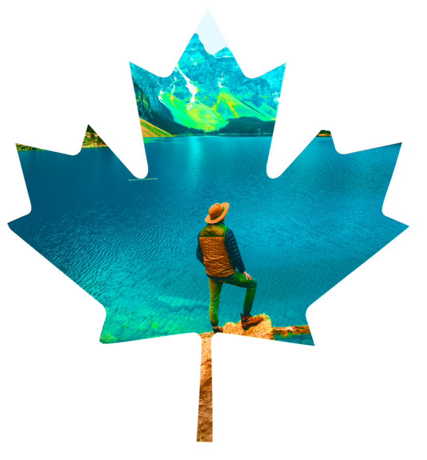 Turista en Canadá, imagen dentro de silueta de hoja de maple