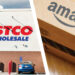 Fachada de Costco Wholesale y una caja de Amazon, collage