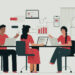 caricatura de trabajo en equipo; tres personas sentadas en un escritorio debatiendo estrategias e ideas