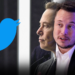 Elon Musk de perfil; otra imagen de Musk sentado mientras habla. Logo de Twitter al otro lado de la composición