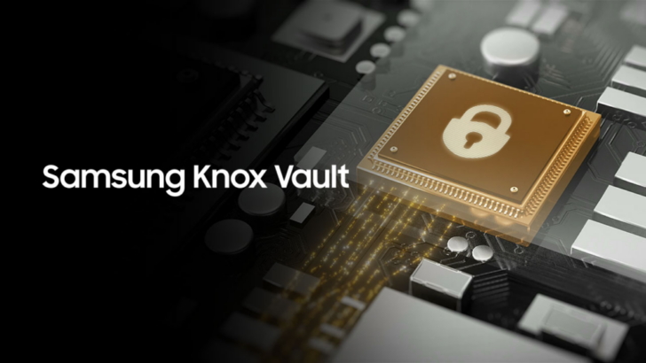 Render del interior de un dispositivo Samsung, resaltado en dorado y con un candado cerrado encima, el chip Samsung Knox Vault; ciberseguridad pymes