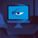 ilustración: sombra de hombre enojado se refleja en una oficina; su ojo detallado es la pantalla de la computadora; capitalismo de datos
