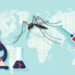 Mapa mundi con pequeños puntos rojos que indican casos positivos del Zika; mosquito portador del virus encima del mapa, con una jeringa cerca de su pata trasera; ADN, microscopio