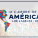 Logo de IX Cumbre de las Américs en fondo opaco de banderas internacionales
