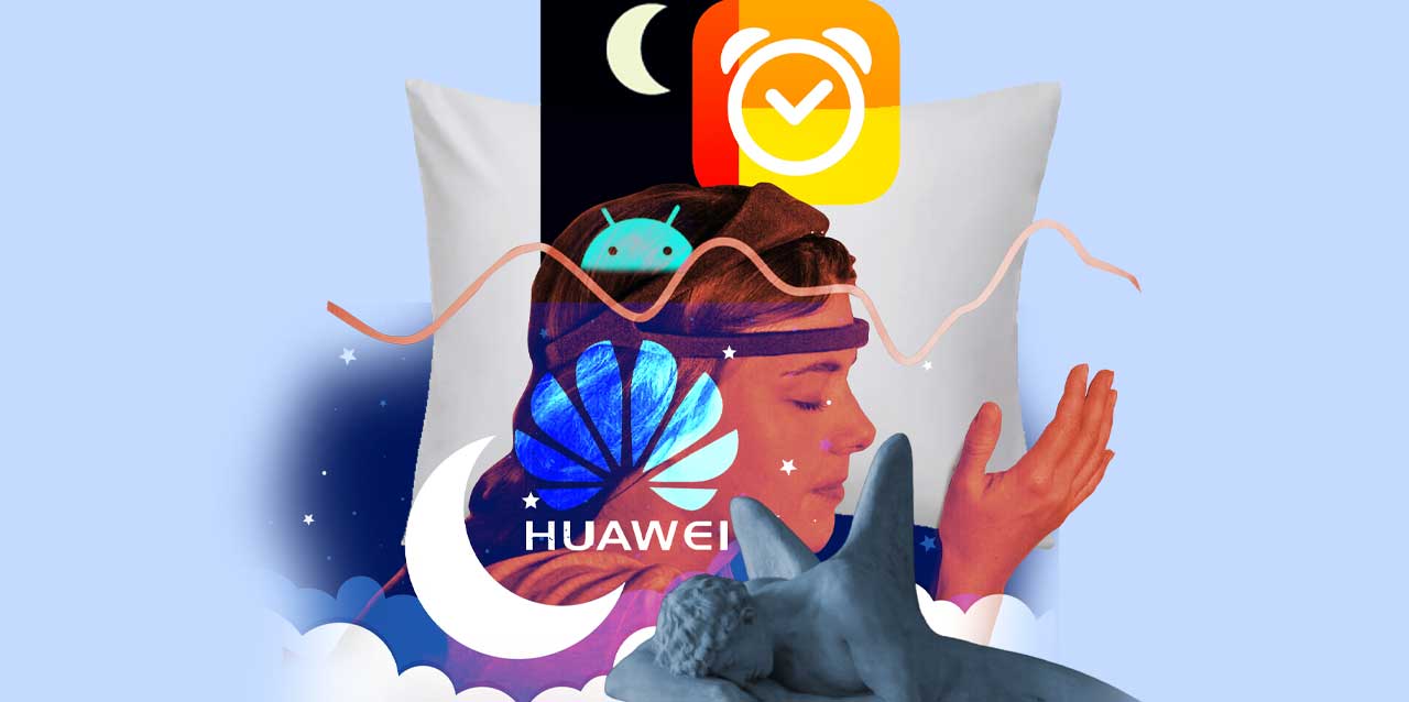 Mujer joven recostada en almohada con wearable para el sueño en la cabeza; logo de dispositivos móviles y apps para dormir