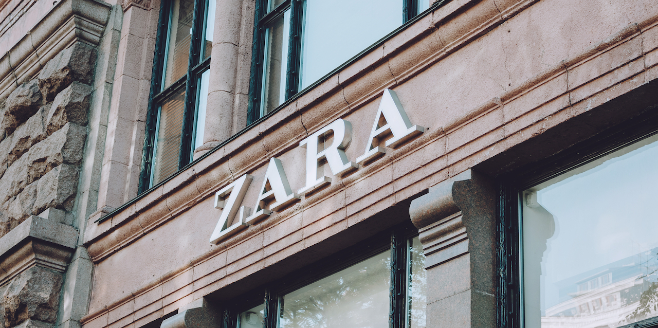 Zara Store display window on Khreschatyk street. Signboard logo brend sign and showcase window of Mango store, shop, mall, boutique. Kiev, Ukraine - September 02, 2019.